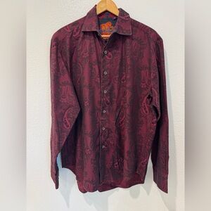 Robert Graham Button Down Shirt Paisley Jacquard Embroidered Burgundy Red Mens L